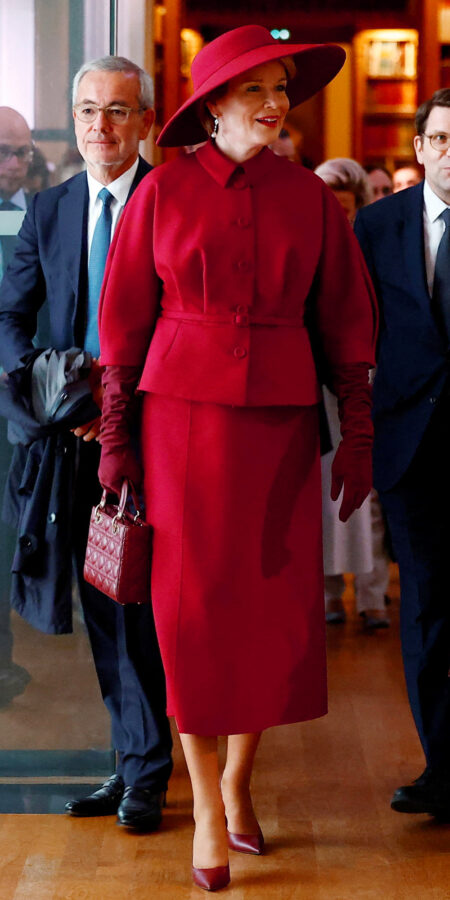 Queen Mathilde in Burgundy Dior Outfit During Paris Visit
