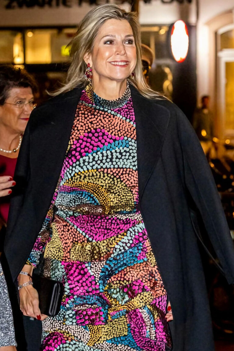 Queen Maxima in Max Mara Coat and Saloni Dress at Ton Koopman’s 80th Birthday Concert Queen Maxima in an Isa by Saloni Polka Dot Ruffle Dress