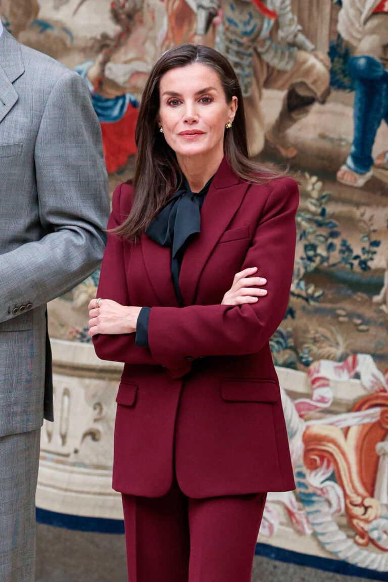 Queen Letizia Debuts a Burgundy Suit During a Reception at El Pardo Palace Queen Letizia in a burgundy suit