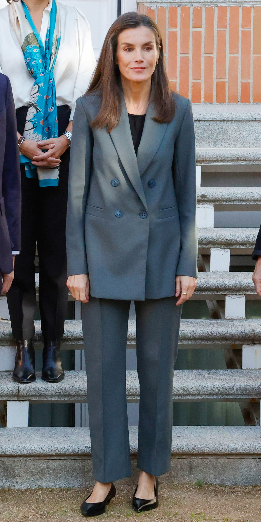 Queen Letizia in Gray Suit by Bimba y Lola at Zarzuela Palace