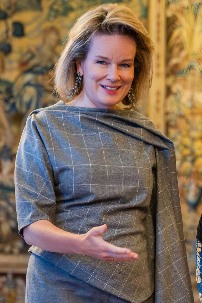 Queen Mathilde Wears Natan Outfit and Gianvito Rossi Heels Queen Mathilde In Natan's Gray Outfit