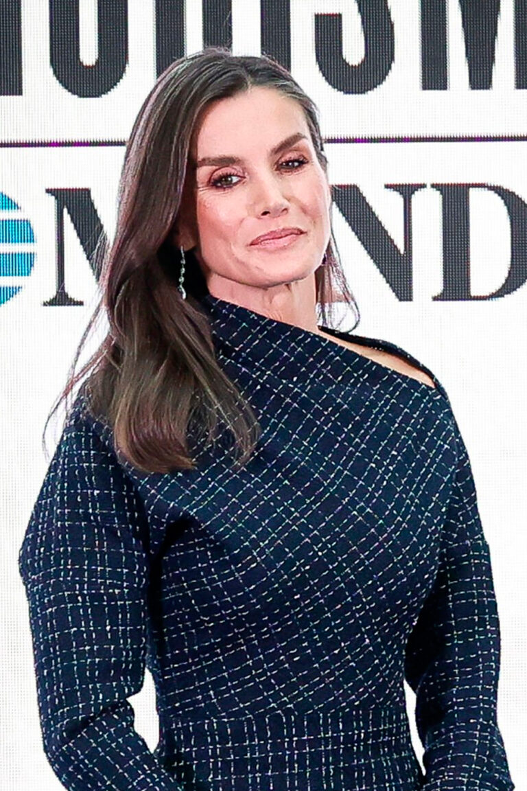 Queen Letizia Debuts Navy Blue Tweed Dress with Asymmetric Neckline Queen Letizia in Navy Blue Tweed Dress