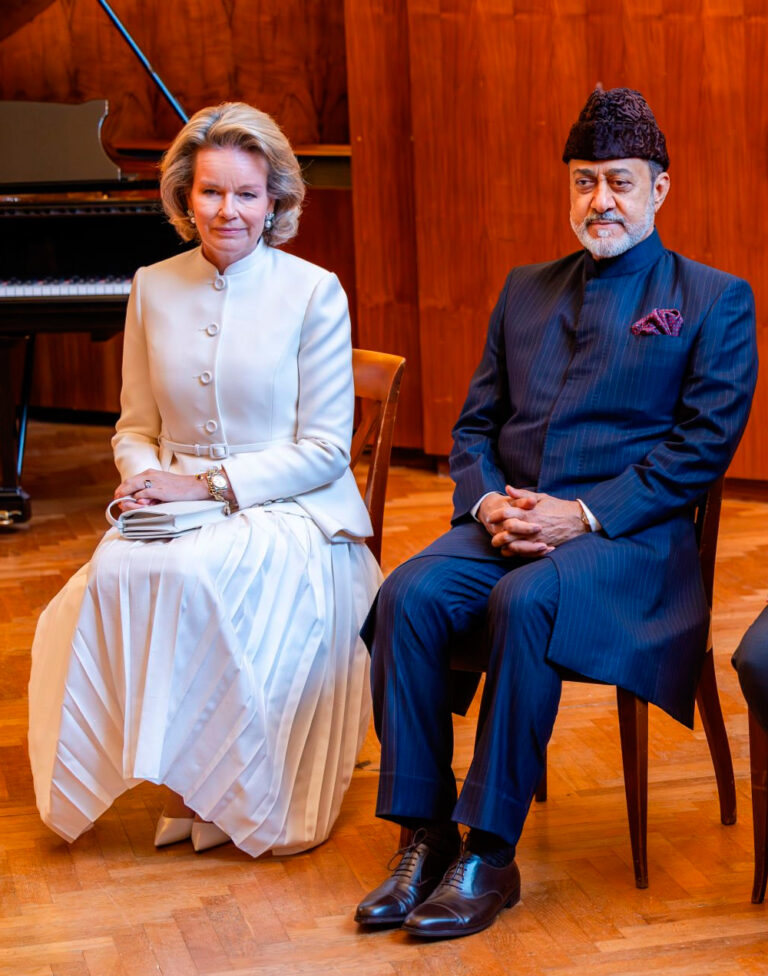 Queen Mathilde in White Outfit by Dior at Diplomatic Event