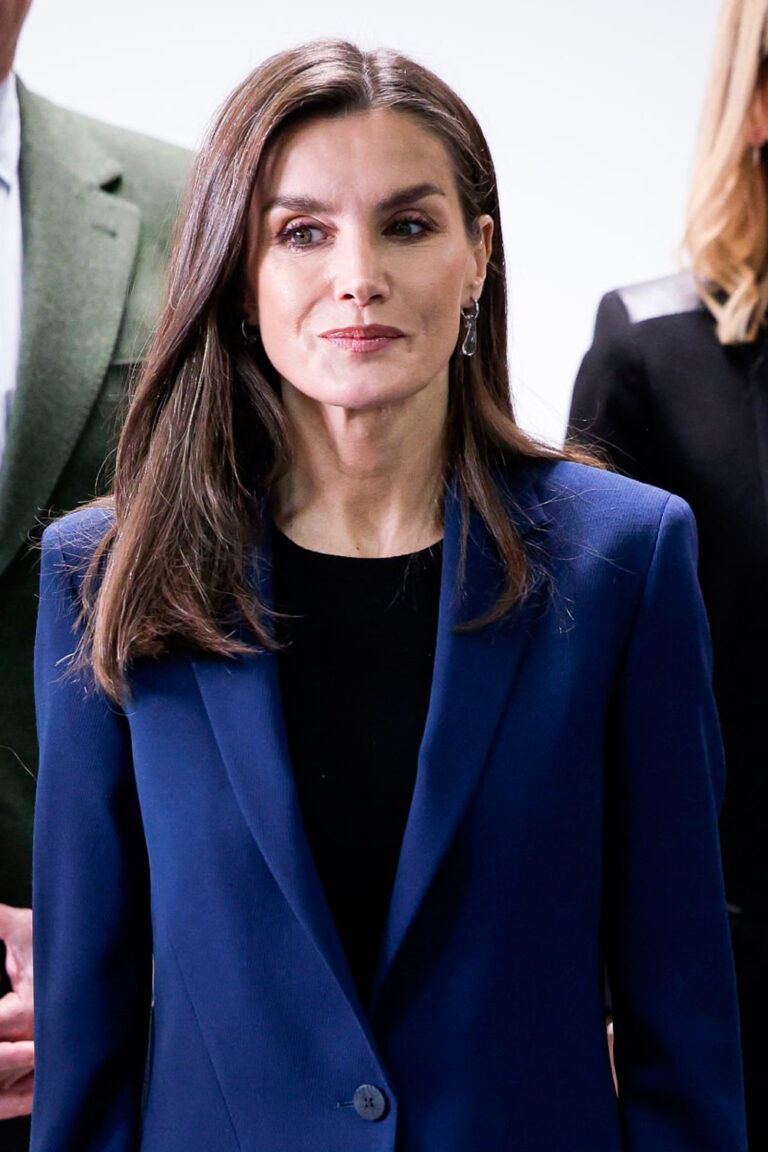 Queen Letizia in a Blue Suit: Long Blazer and Slightly Flared Straight Pants Queen Letizia in a Blue Suit
