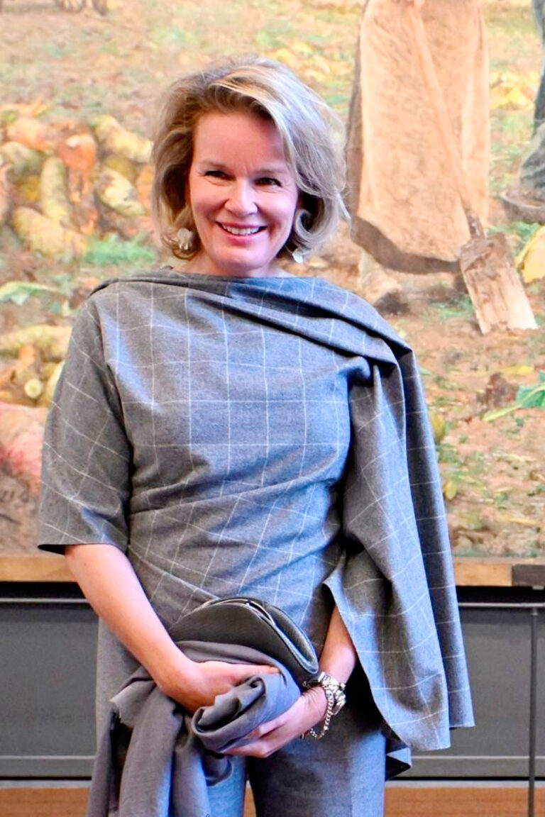 Luxurious Minimalism: Queen Mathilde’s 2025 Debut Look Queen Mathilde in gray Natan outfit
