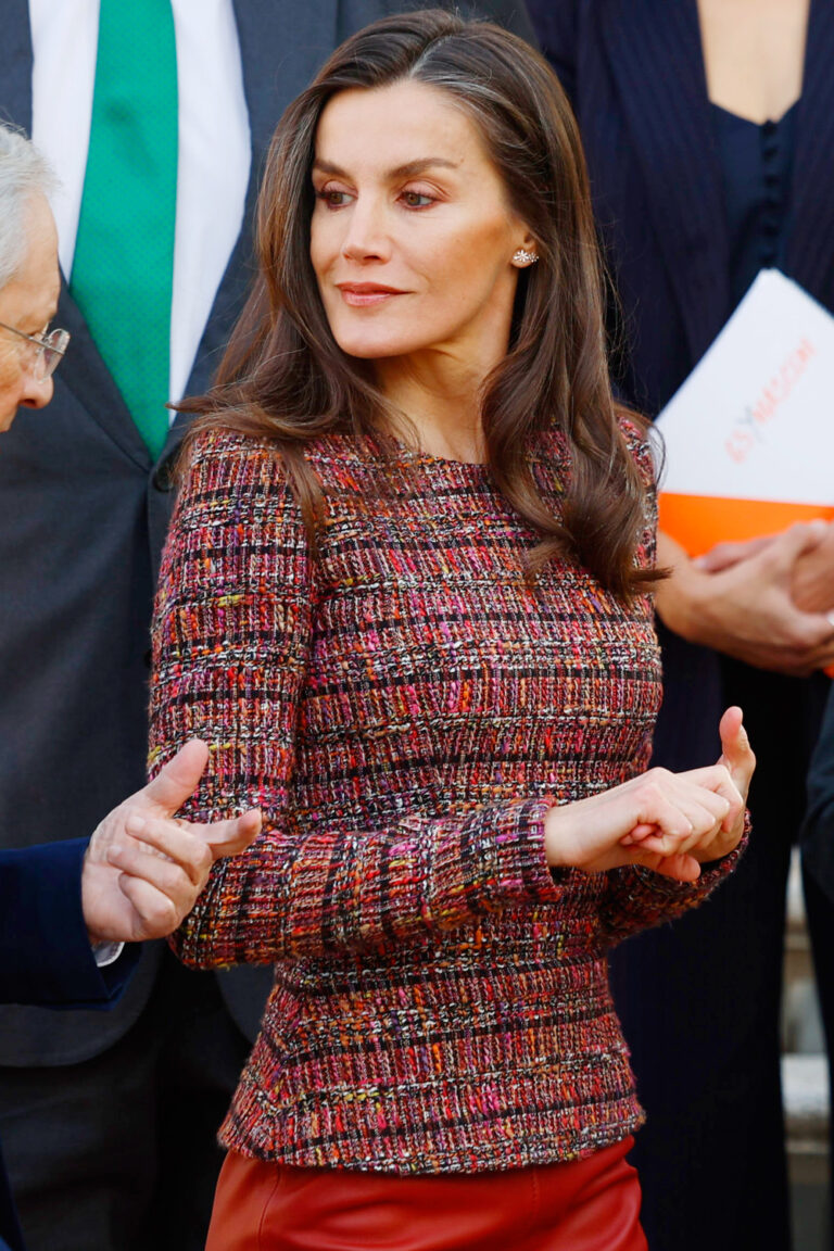 Queen Letizia Rewears Her Red Hugo Boss Leather Skirt and a Mysterious Tweed Top Queen Letizia in Red Leather Hugo Boss Skirt
