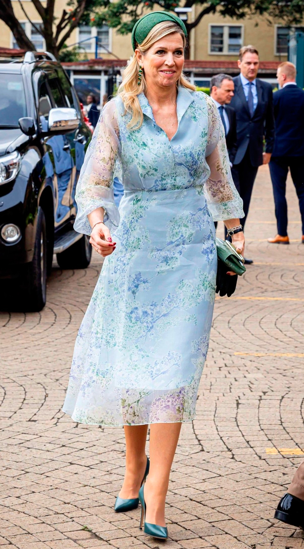 Queen Maxima in Blue Floral Dress in Kenya