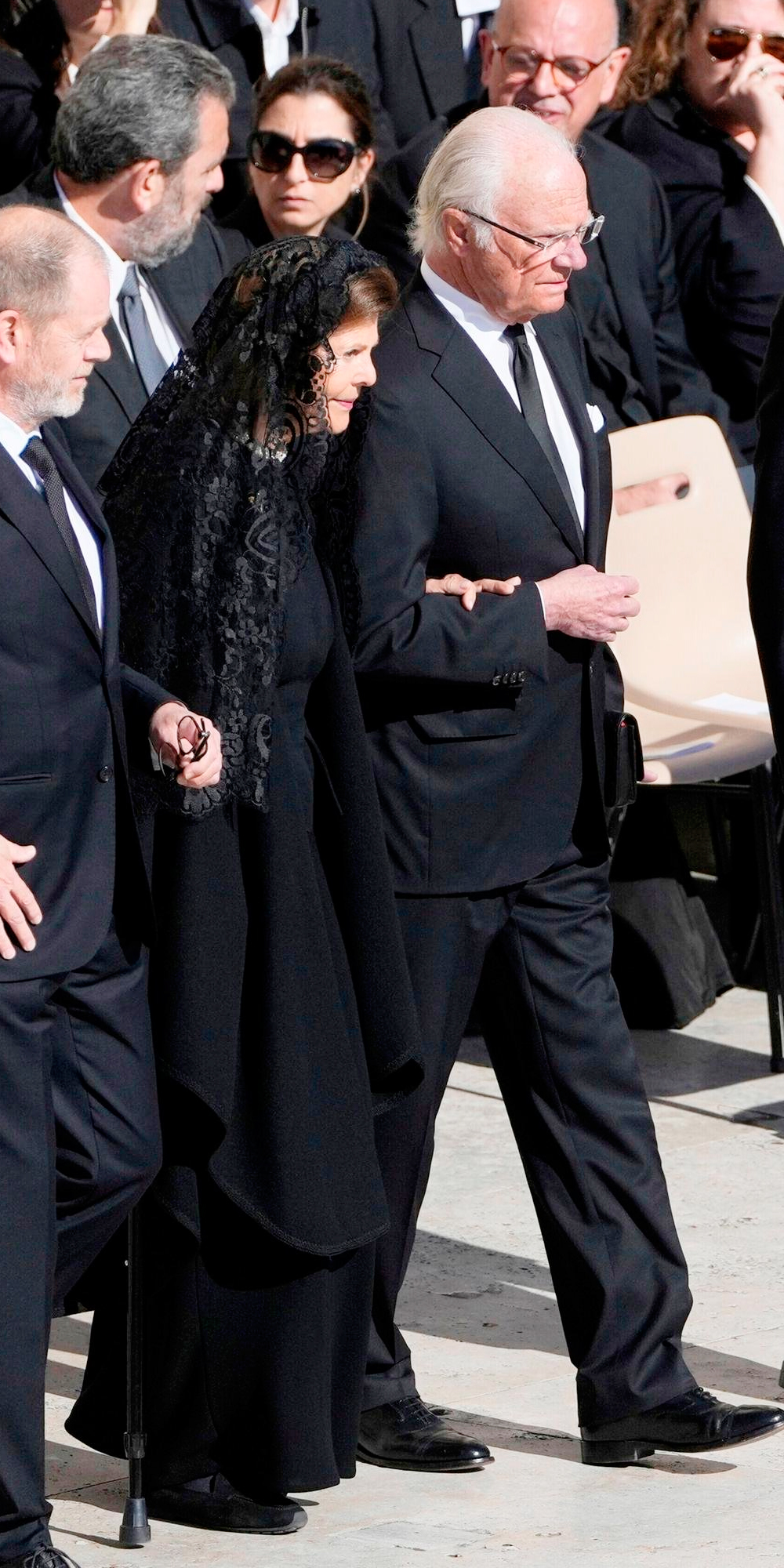 King Carl XVI Gustaf and Queen Silvia of Sweden at the funeral of Pope Francis.