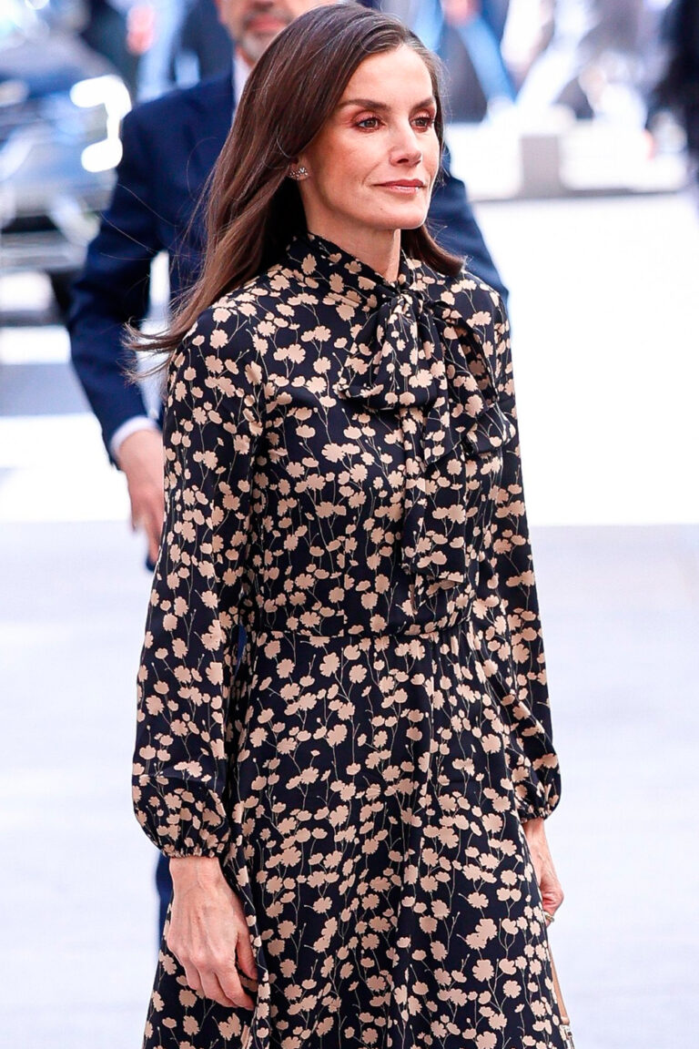Queen Letizia’s Floral Look at the Spanish Congress for the Day of the Roma Commemoration Queen Letizia in a Massimo Dutti Floral Dress