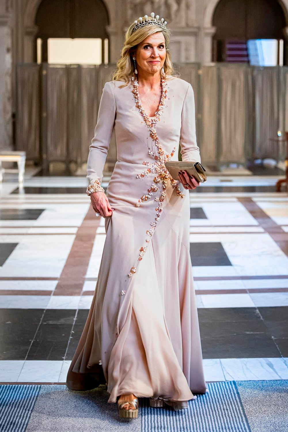 Queen Maxima wore a Jan Taminiau dress with Schutz sandals.