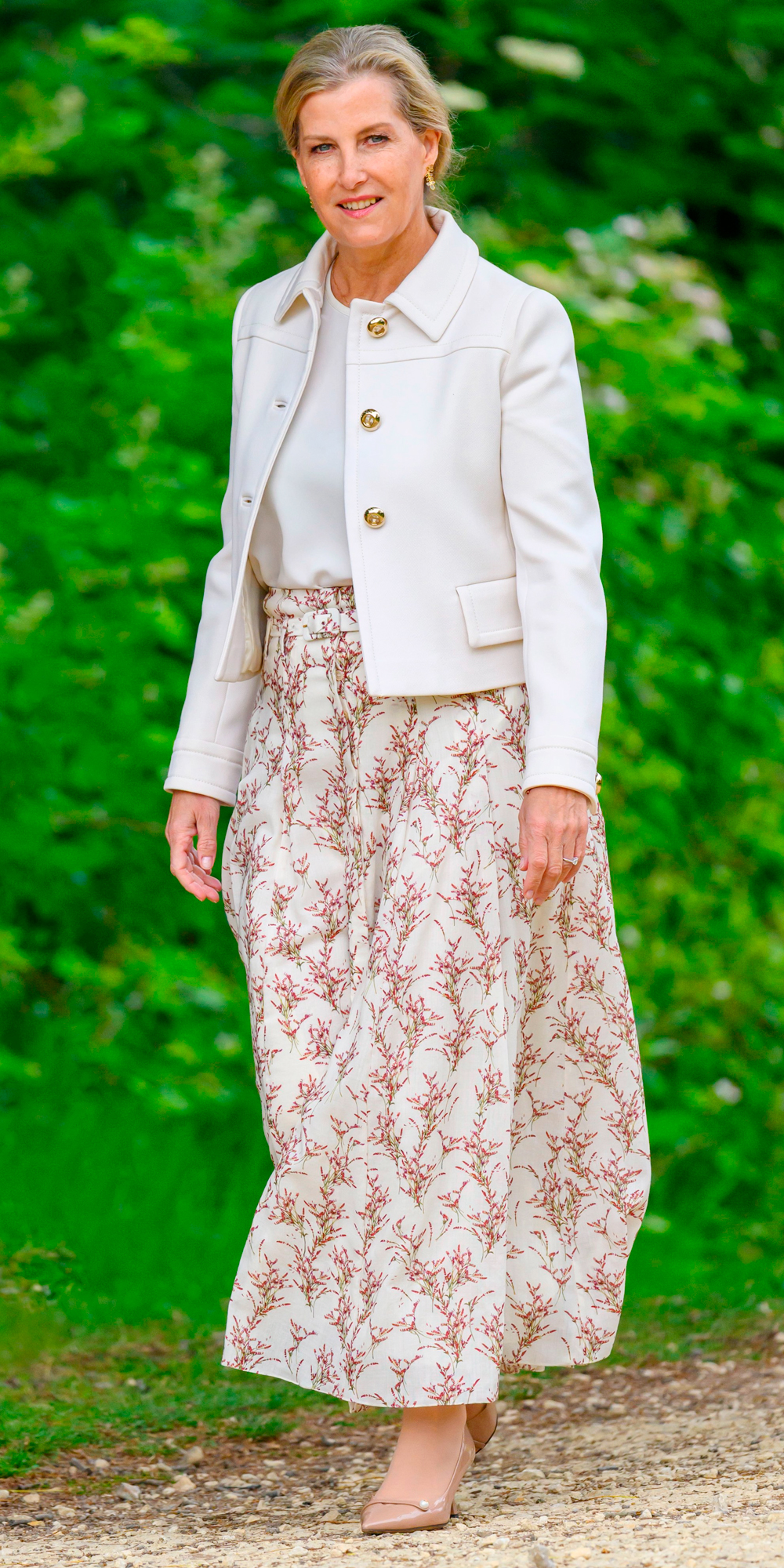 Sophie wore a Prada jacket with a white top and Gabriela Hearst print skirt.