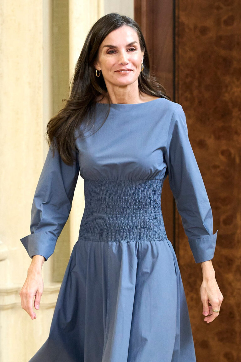 Queen Letizia Rewears Grey Dress With a Fresh Twist Queen Letizia in a gray dress by Adolfo Domínguez