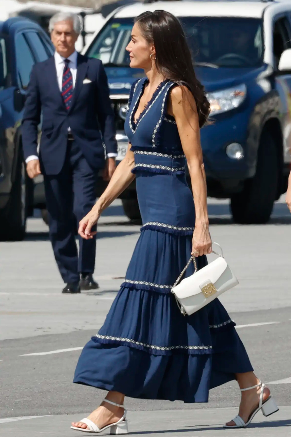 Queen Letizia wore a navy fringed dress by Vogana