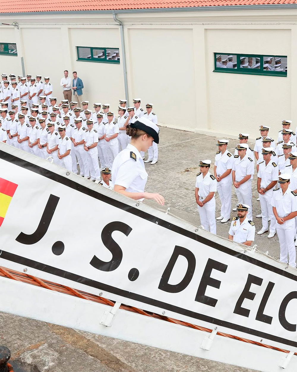 Princess Leonor disembarking from the training ship Elcano.