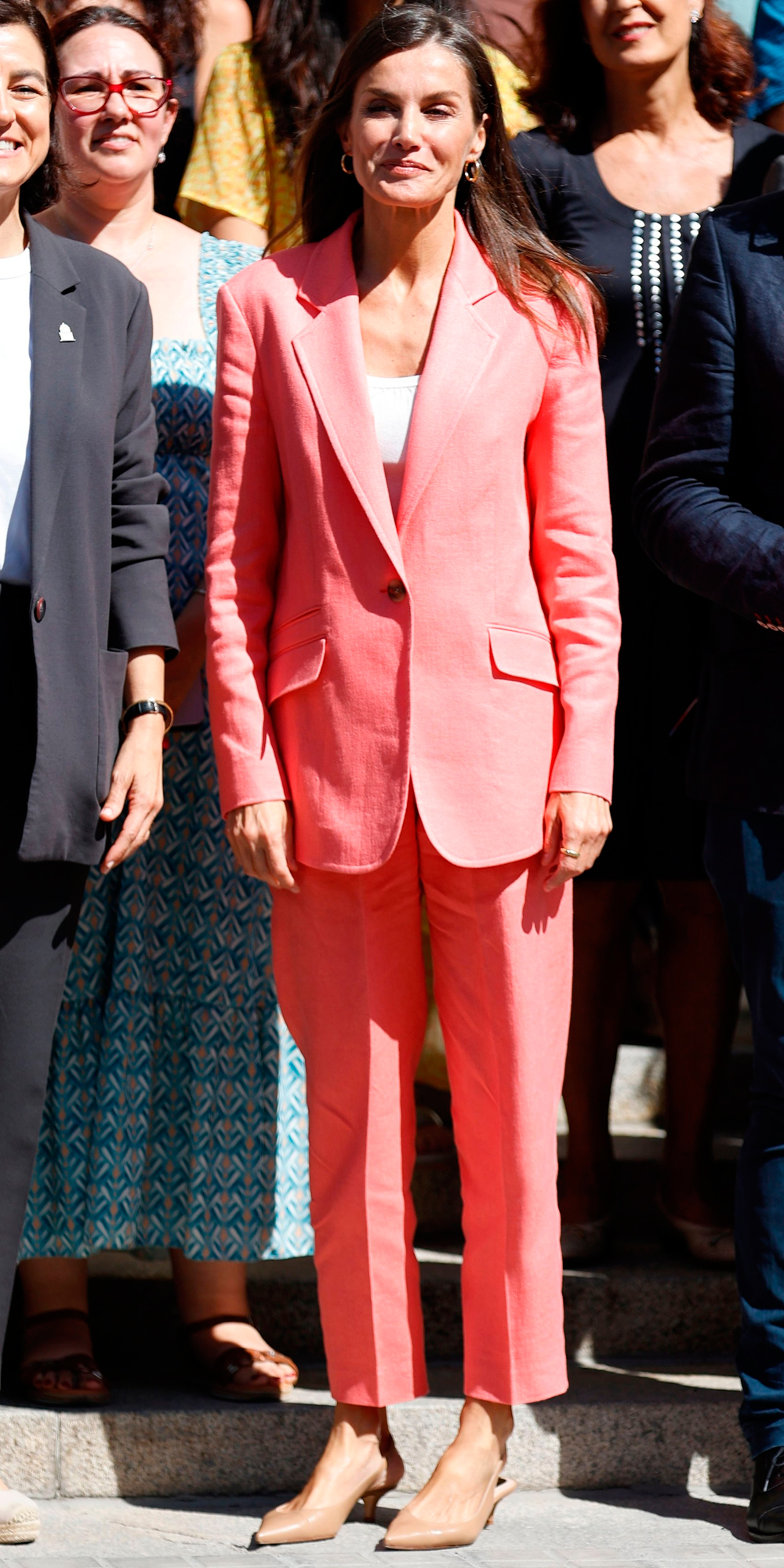 Queen Letizia coral suit by Hugo Boss