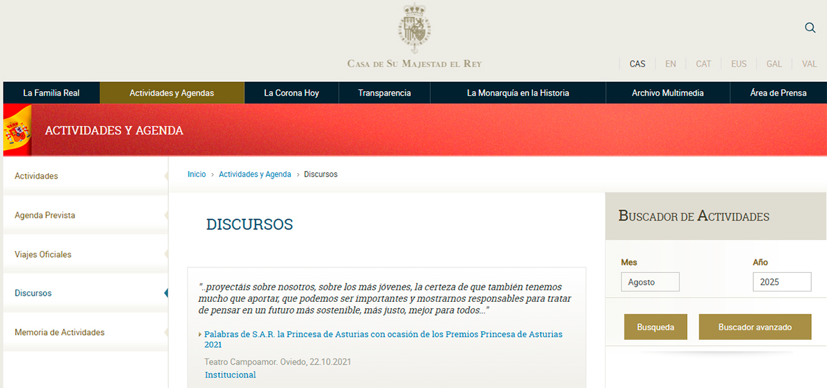 The Spanish royal family's website highlights Leonor's 2021 speech.