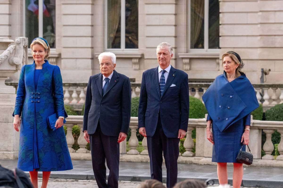 King Philippe and Queen Mathilde of Belgium welcome Italian President Sergio Mattarella and his daughter Laura Mattarella 