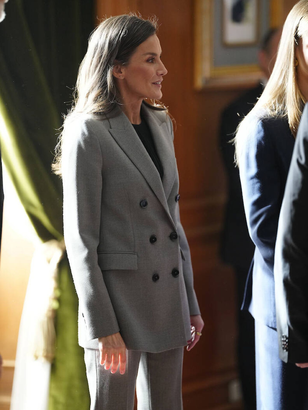 Queen Letizia wearing a gray suit from Mango