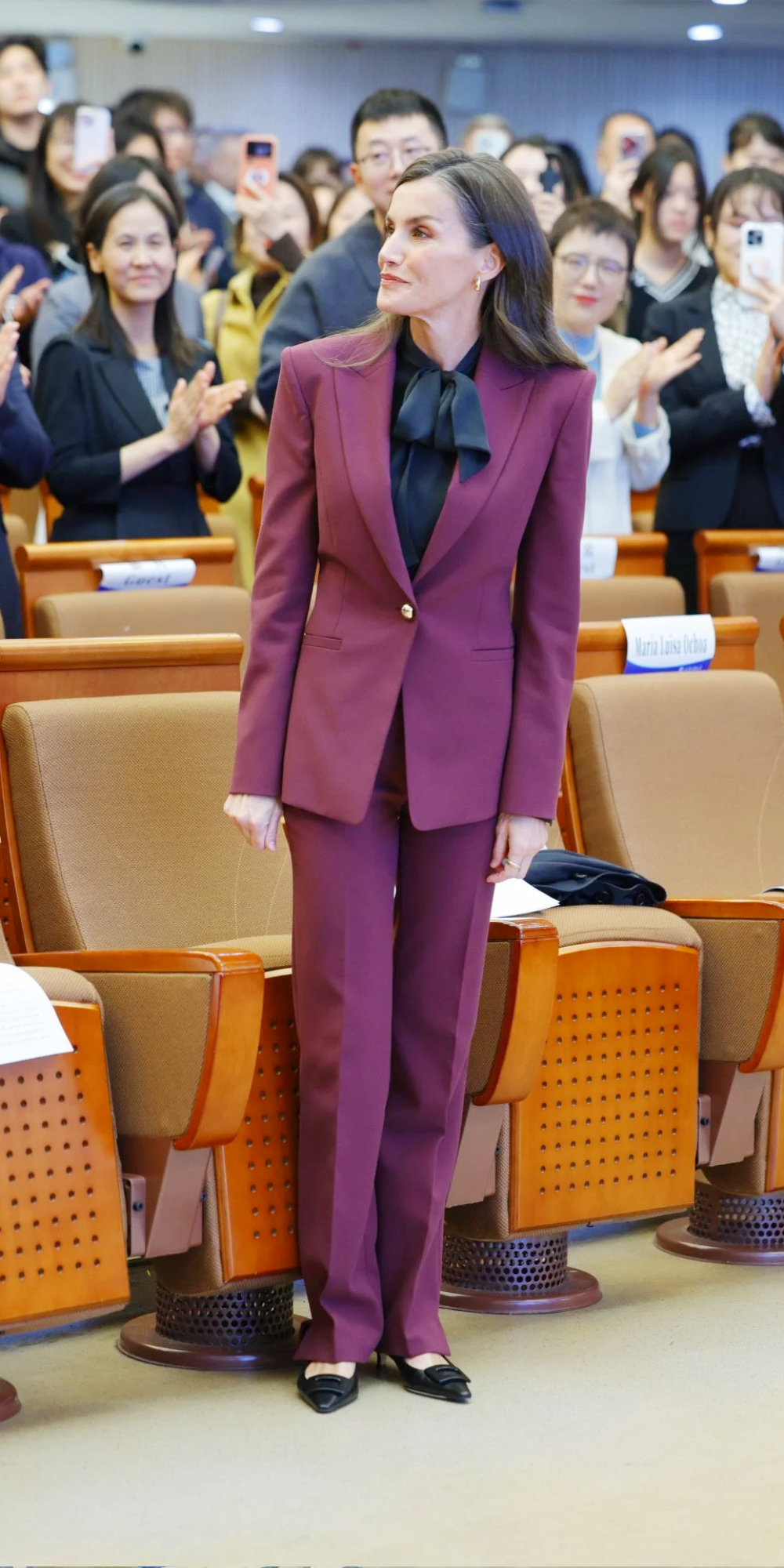 Queen Letizia Wows in Burgundy Suit at Beijing University