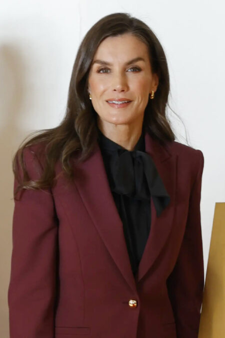 Queen Letizia Concludes China Visit in Burgundy Jacket Suit