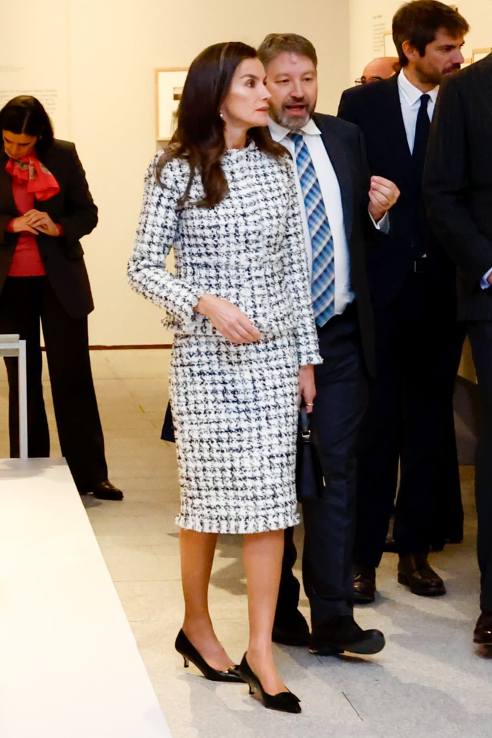 Queen Letizia debuted a black and white tweed two-piece at the Royal Collections Gallery