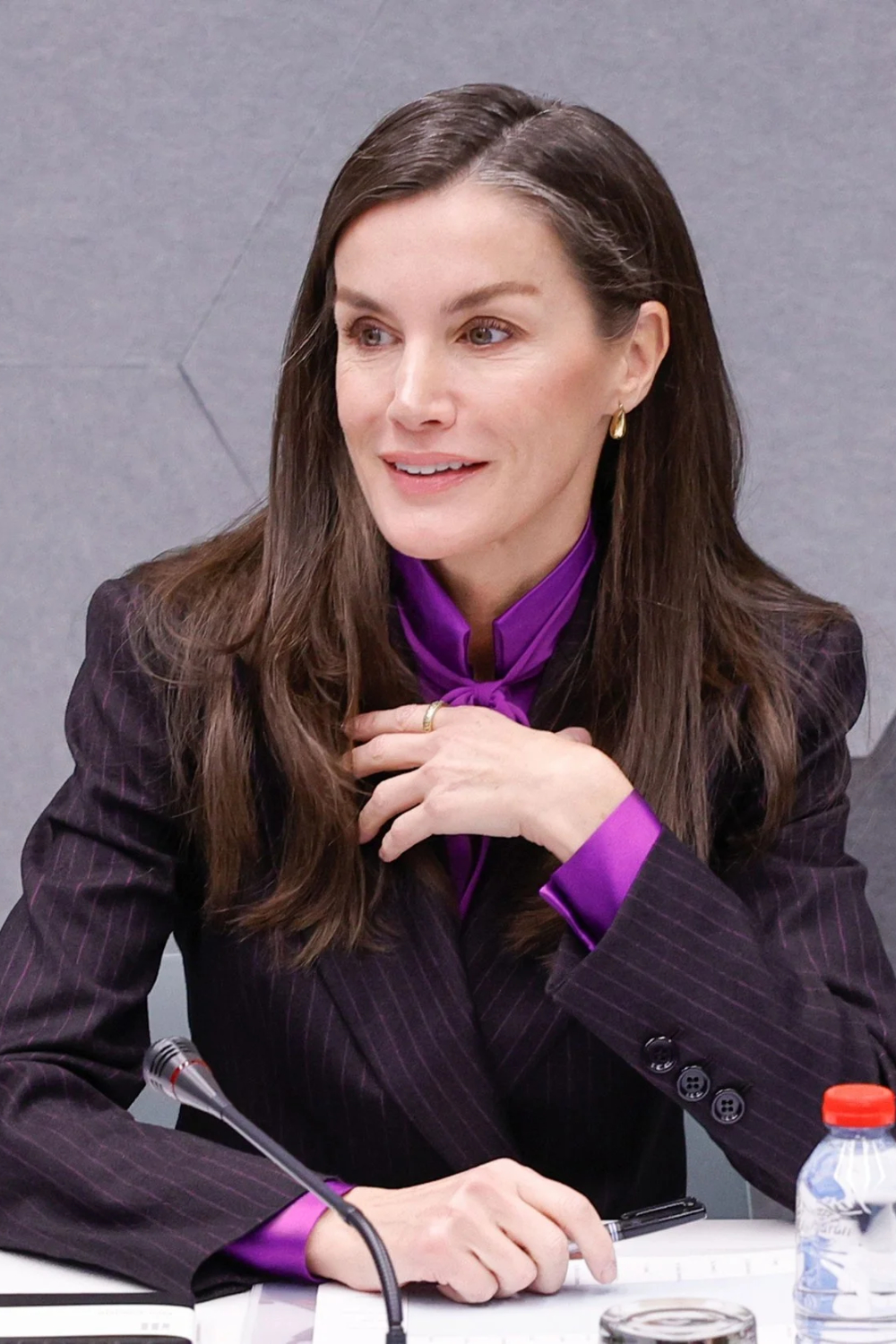 Queen Letizia Reimagines a Classic Felipe Varela Blouse With a Modern Hugo Boss Suit Queen Letizia's Hugo Boss pinstripe suit