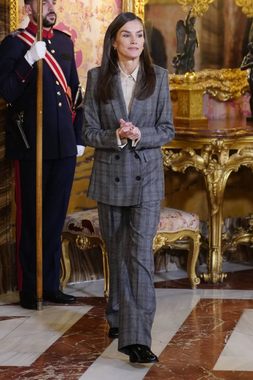 Queen Letizia's Style at the Palace: Gray Suit by Hugo Boss