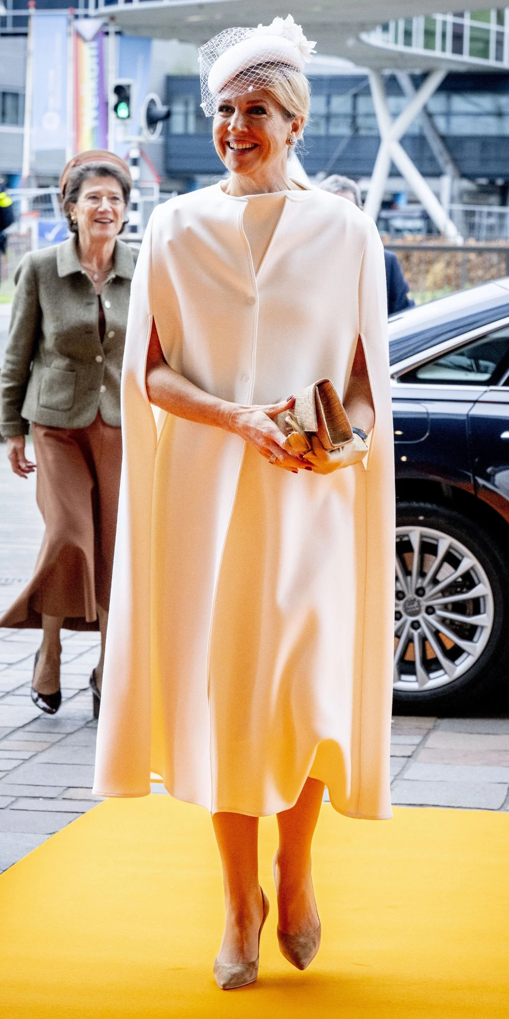 Queen Maxima Wears All-White Natan Look in Utrecht Maxima chose a white Natan Couture cape and Viseur dress