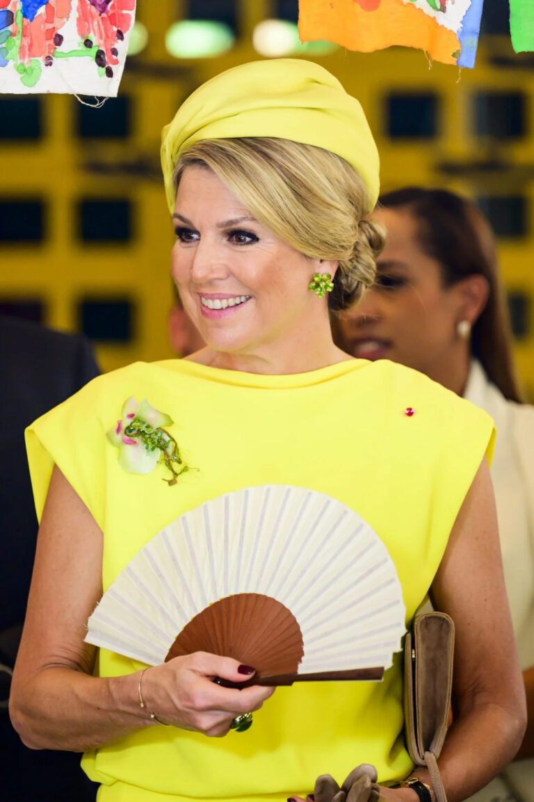Queen Maxima Stands Out in a Bright Yellow Natan Dress for the Second Day of Her State Visit to Suriname Queen Maxima's Yellow Dress by Natan in Suriname