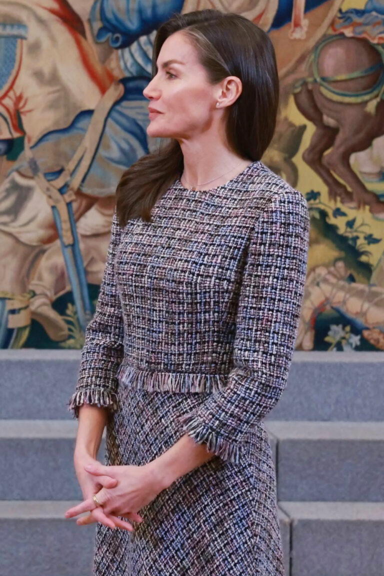 Queen Letizia’s Unsigned Dress at her Meeting With the Organizers of Mercedes Benz Fashion Week Madrid Queen Letizia's Tweed Dress