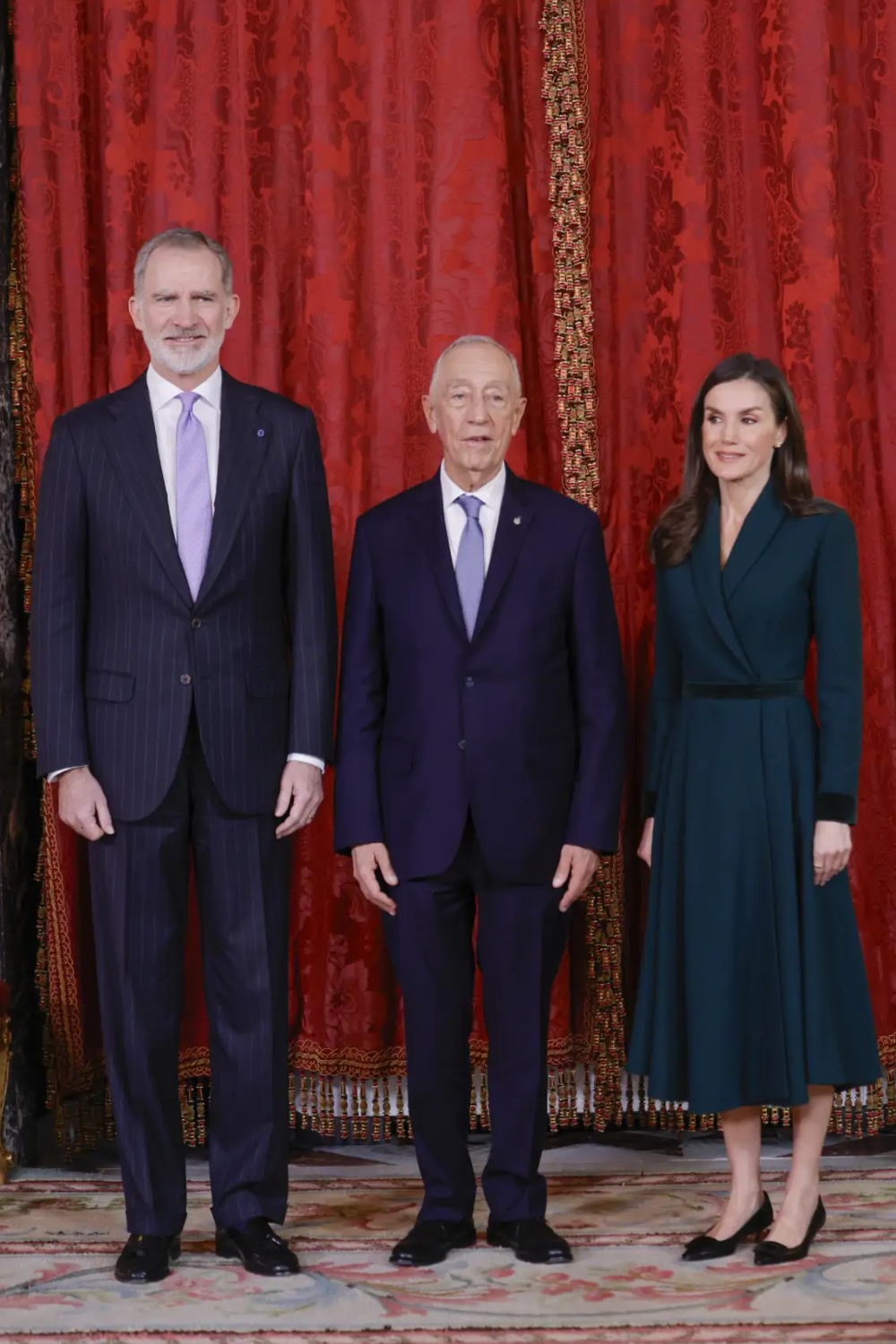 Queen Letizia's Pine Green Coat and New Gold Earrings at State Luncheon for Portugal President King Felipe, Portuguese President Marcelo Rebelo, and Queen Letizia.