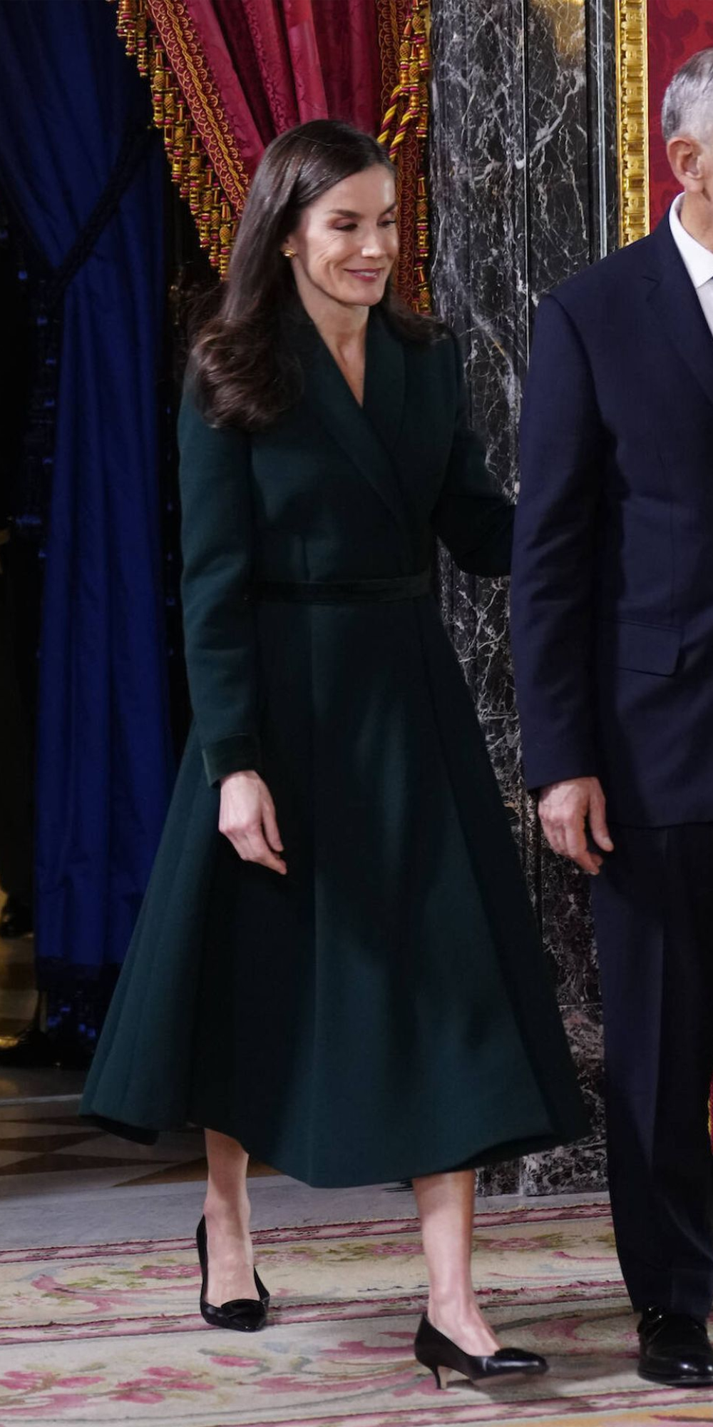 Queen Letizia's Pine Green Coat and New Gold Earrings at State Luncheon for Portugal President Queen Letizia wore her custom pine green wrap coat