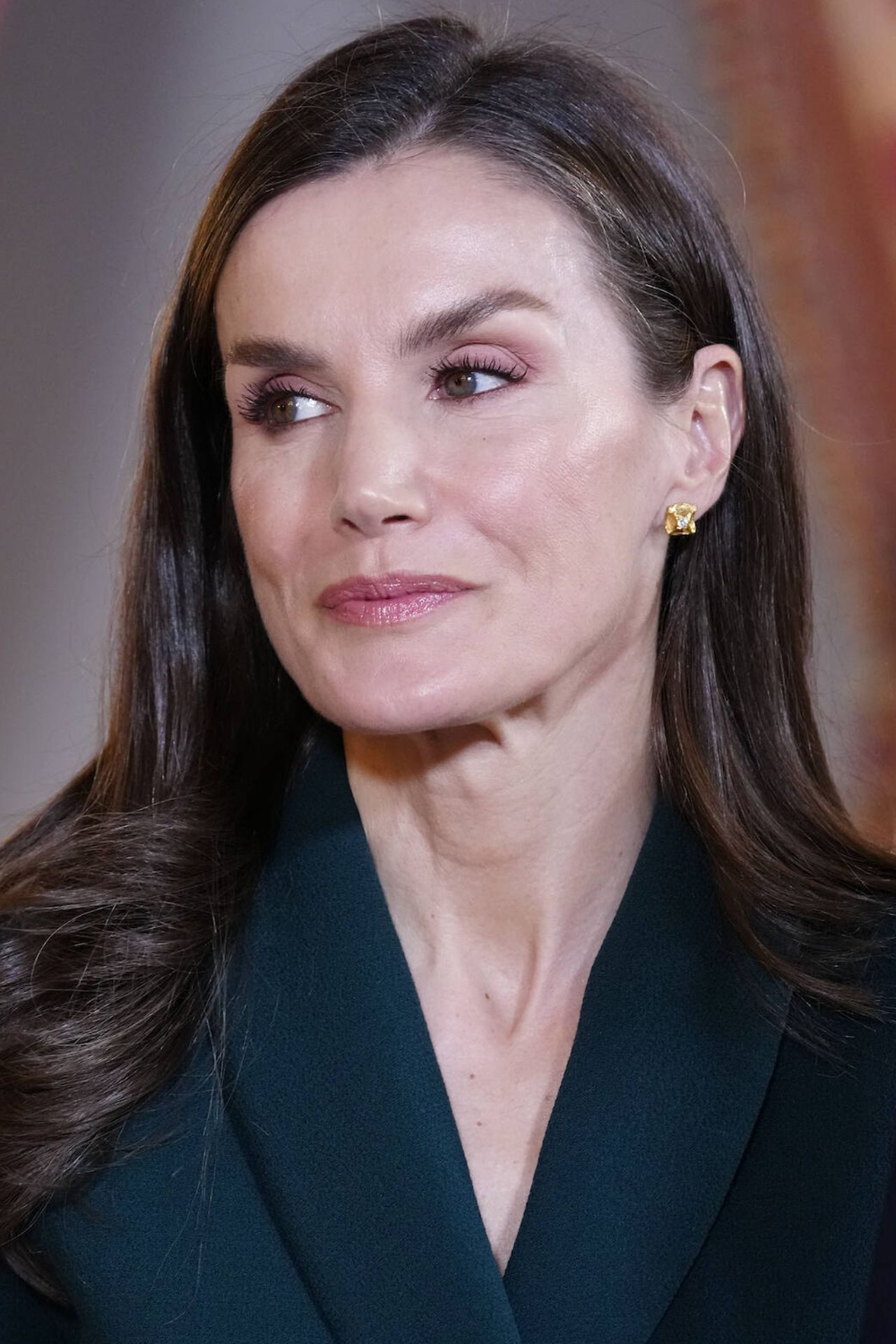 Queen Letizia's Pine Green Coat and New Gold Earrings at State Luncheon for Portugal President Queen Letizia's Green Coat