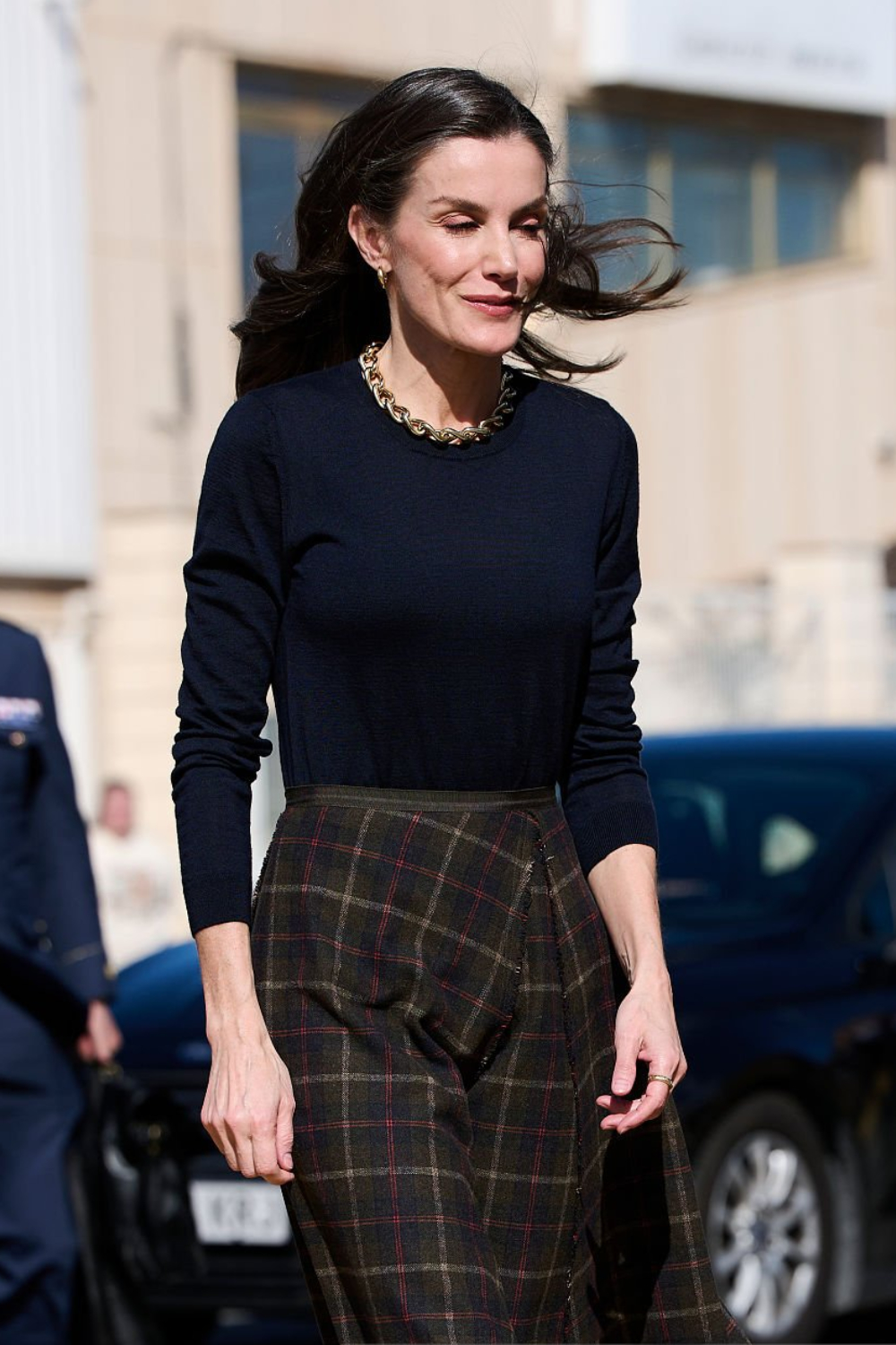 Queen Letizia Wears Bimba y Lola Plaid Skirt and Wide-Heel Boots in Elda Queen Letizia's Plaid Skirt and Wide-Heel Boots in Elda