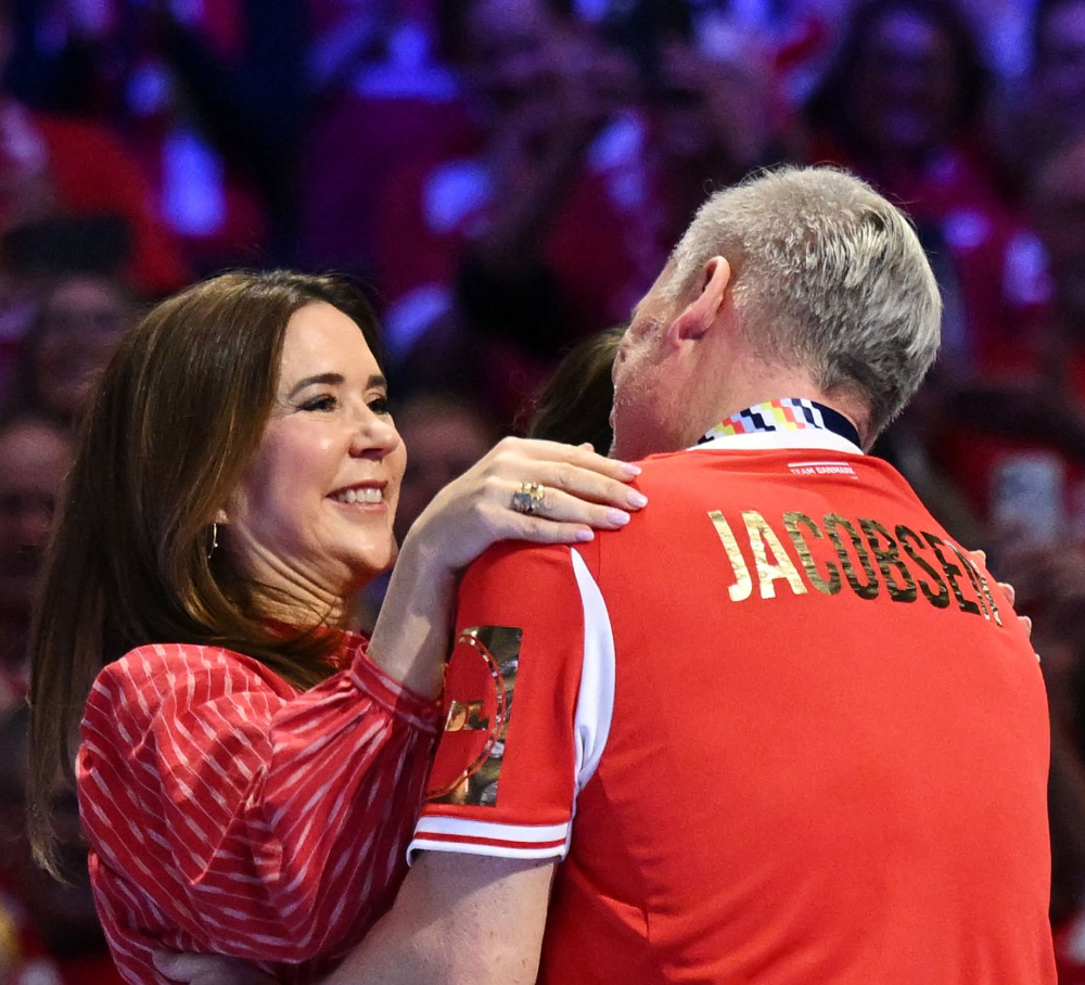 Queen Mary Celebrates Denmark's Handball Victory Queen Mary and coach Nikolaj Jacobsen.