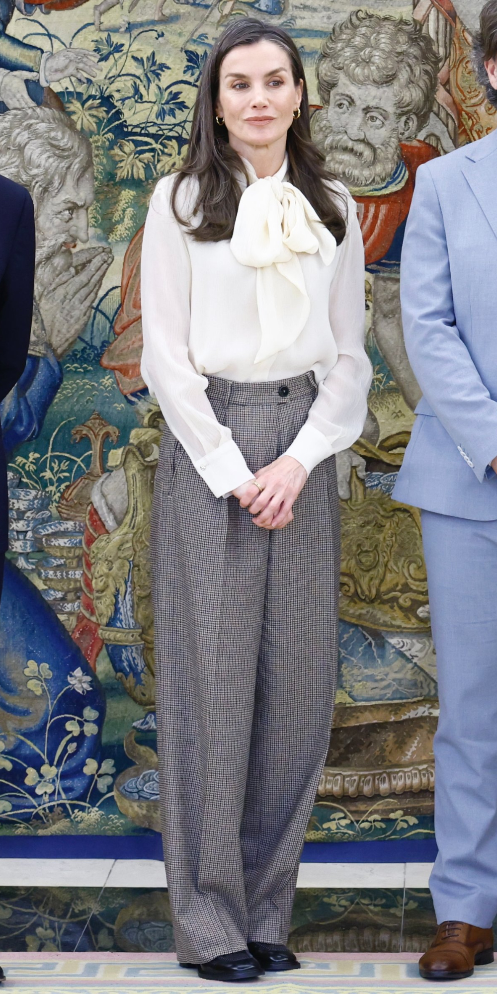 Queen Letizia's Look at Zarzuela: Lace-Up Blouse and Checked Trousers Letizia's Work Look at Zarzuela