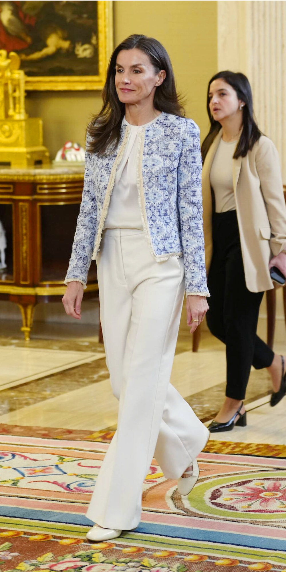 Queen Letizia Wore Her Mango Ethnic Jacket for the Seventh Time Queen Letizia is wearing a Mango jacket and Mary Jane shoes by Sézane.