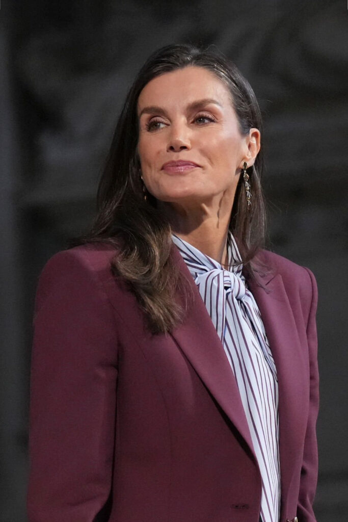 Queen Letizia Wears Purple Hugo Boss Suit in Lleida