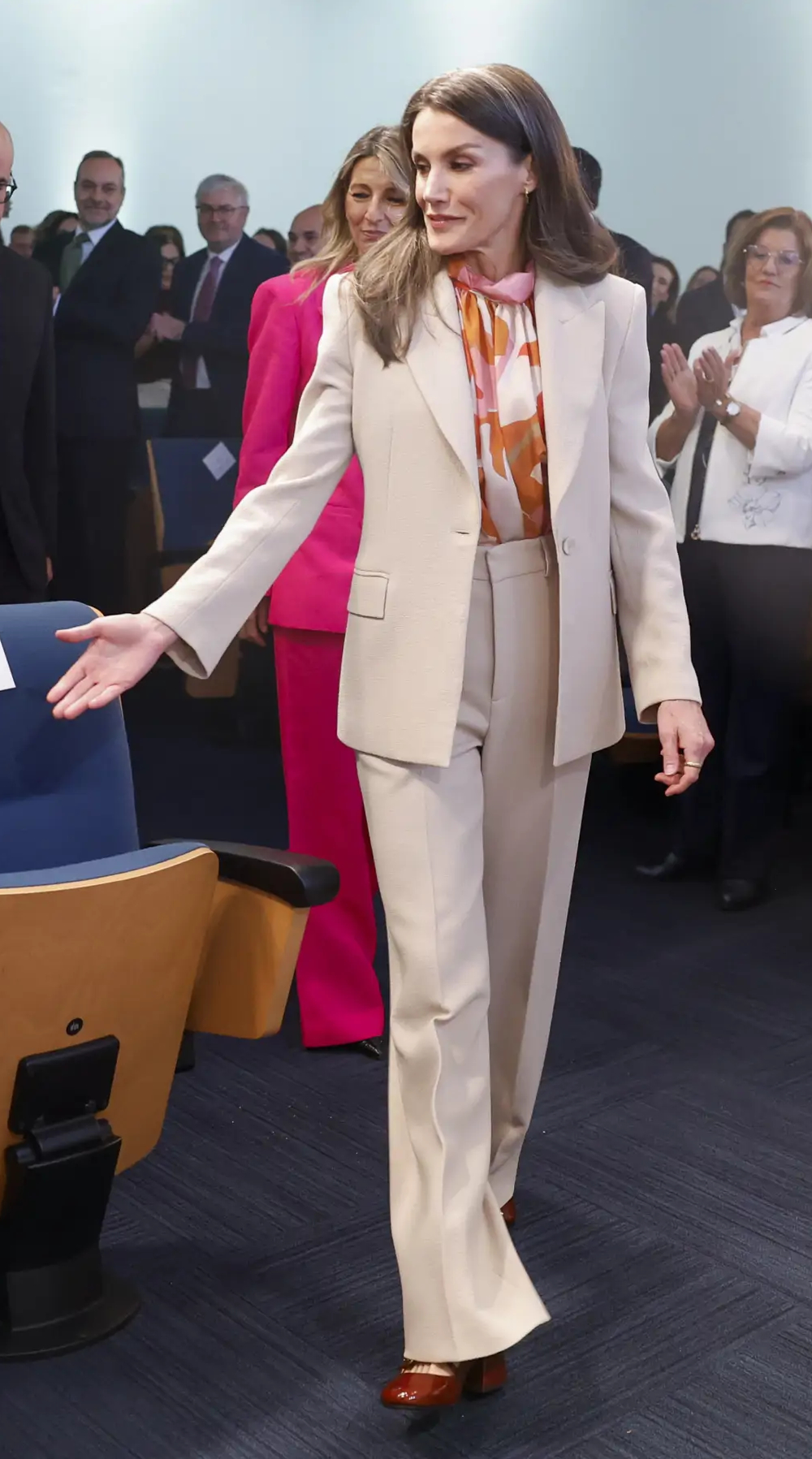Queen Letizia's Hugo Boss Blouse Transforms Her Sand Mirto Suit Into a Spring Statement Queen Letizia Wears Hugo Boss Blouse and Mirto Suit
