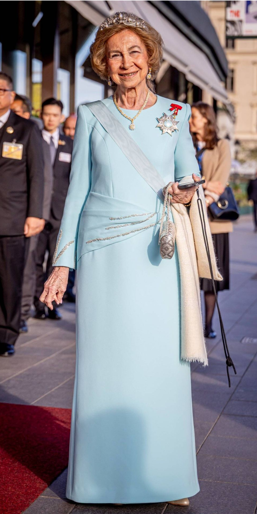 Queen Sofia Turns Heads in Stockholm Wearing the Iconic Mellerio Tiara and a Show-Stopping Gown Sofia wore an aquamarine silk crepe dress designed by Alejandro de Miguel