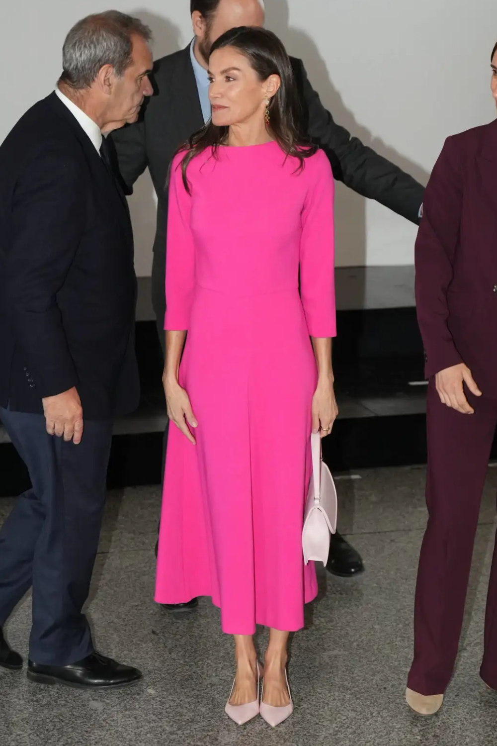Queen Letizia's Fuchsia Moisés Nieto Dress at Teatro Real Queen Letizia wore a custom fuchsia dress by Moisés Nieto