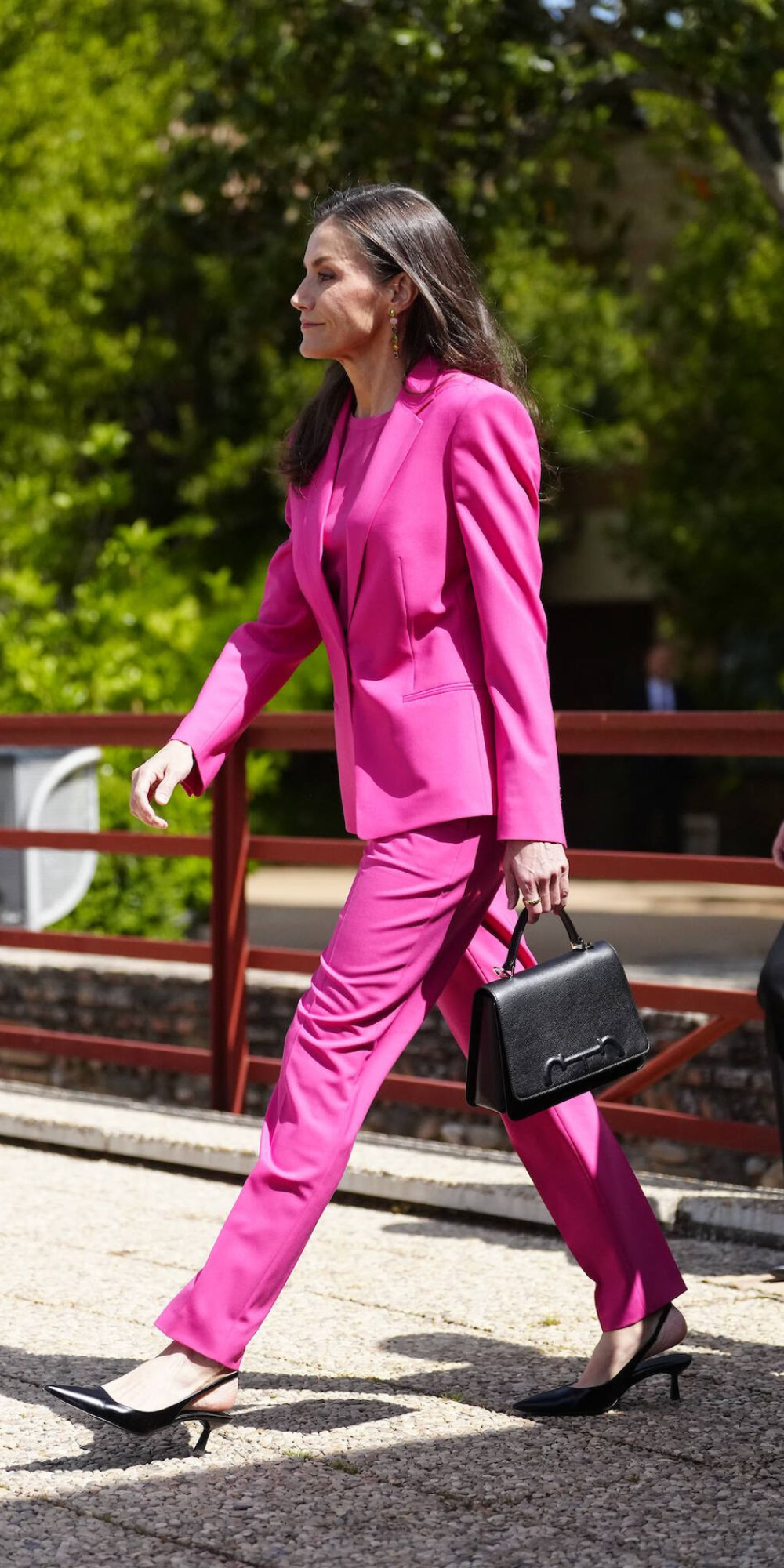 Queen Letizia Embraces the Monochrome Trend With a Bold Head-to-Toe Fuchsia Suit in Granada Letizia is wearing Massimo Dutti slingback pumps and a Carolina Herrera bag.