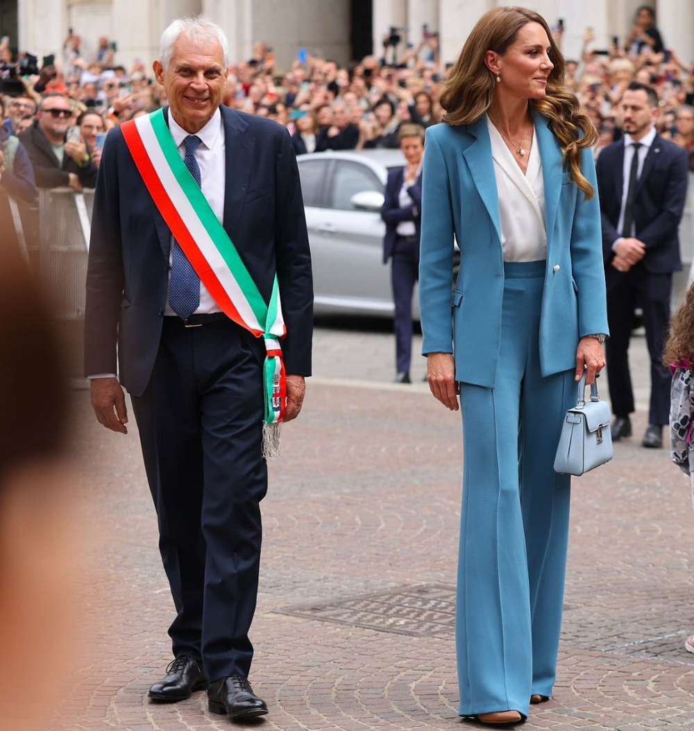 Kate Middleton Shines in Italy on Her First Official Trip Abroad in Four Years The Princess wore a blue suit by Edeline Lee.