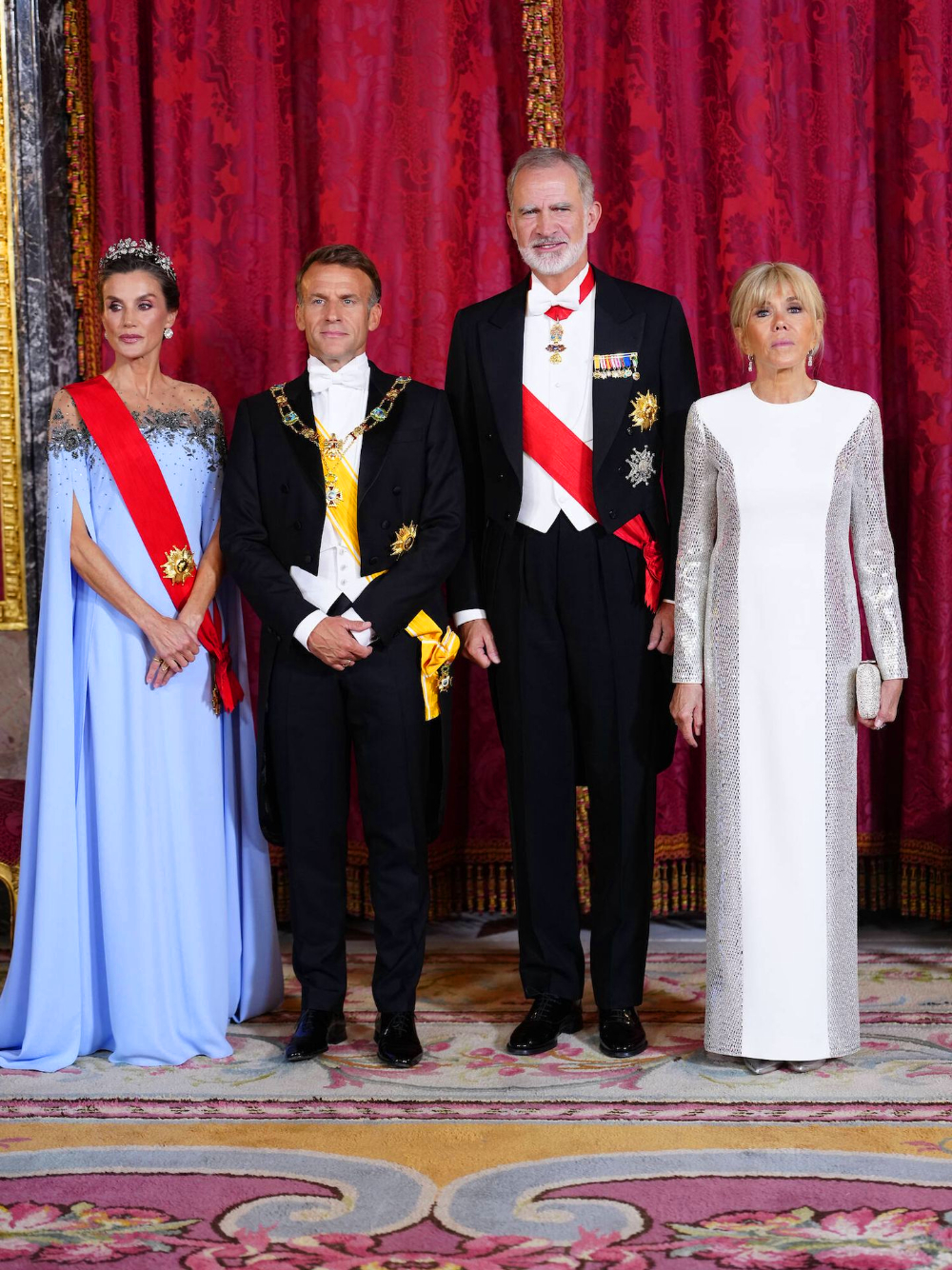 Queen Letizia Pairs a Carolina Herrera Gown With a Historic Diamond Tiara King Felipe and Queen Letizia with the Macrons.